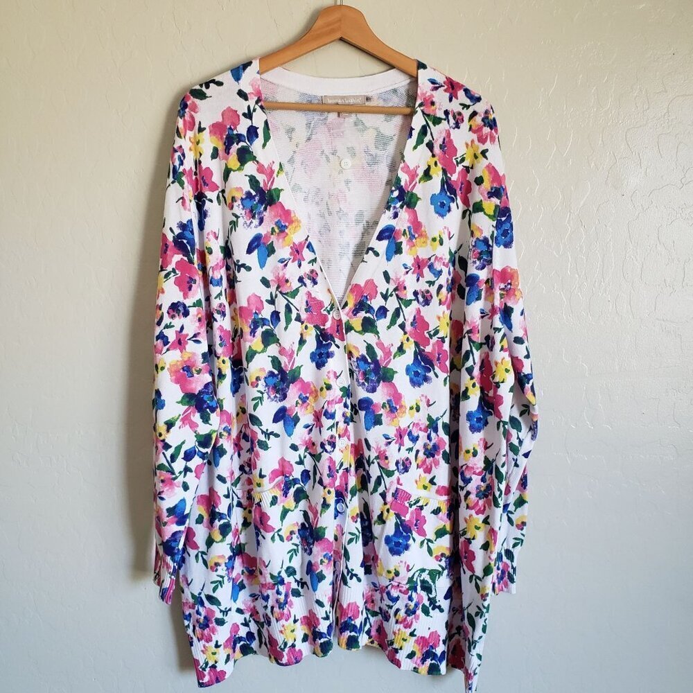 Woman Within Floral Cotton Cardigan Sweater Multicolor Size 2X Spring Bloomcore